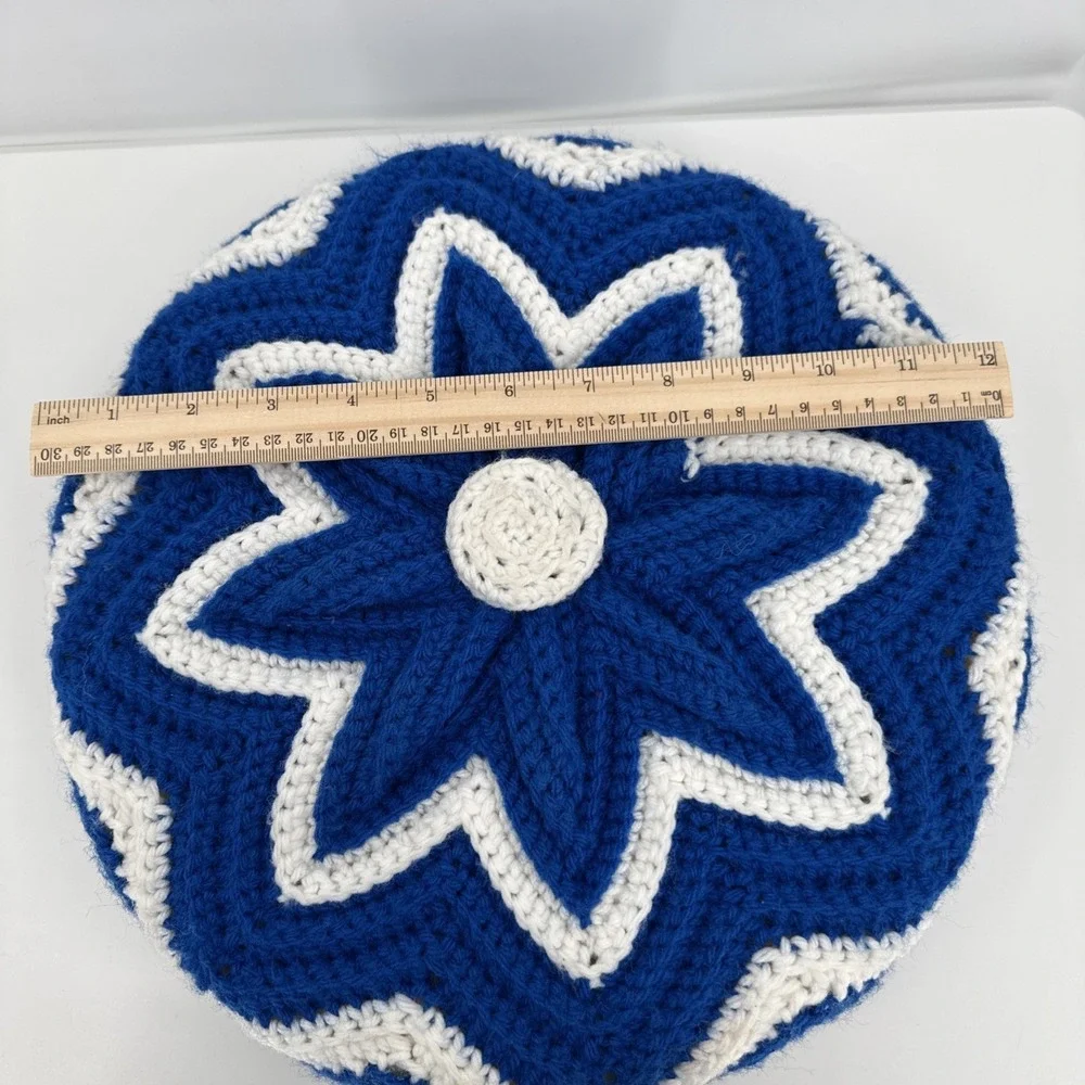 Vintage Crochet Round Granny Throw Pillow Blue White‎ Yarn Ruffled 3D Handmade